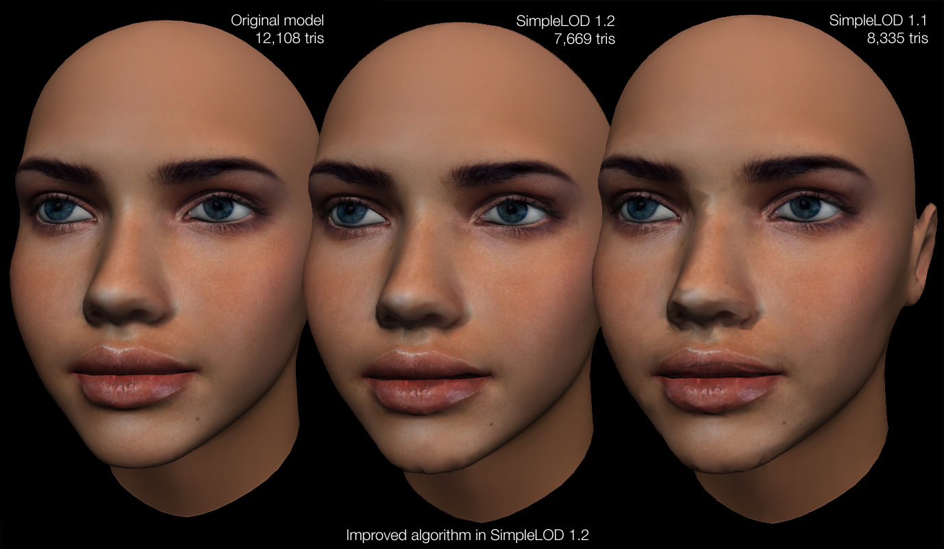 Improved algorithm SimpleLOD 1.2. SimpleLOD has an improved compression algorithm that takes better care of unwanted artifact in the reduced LOD mesh....