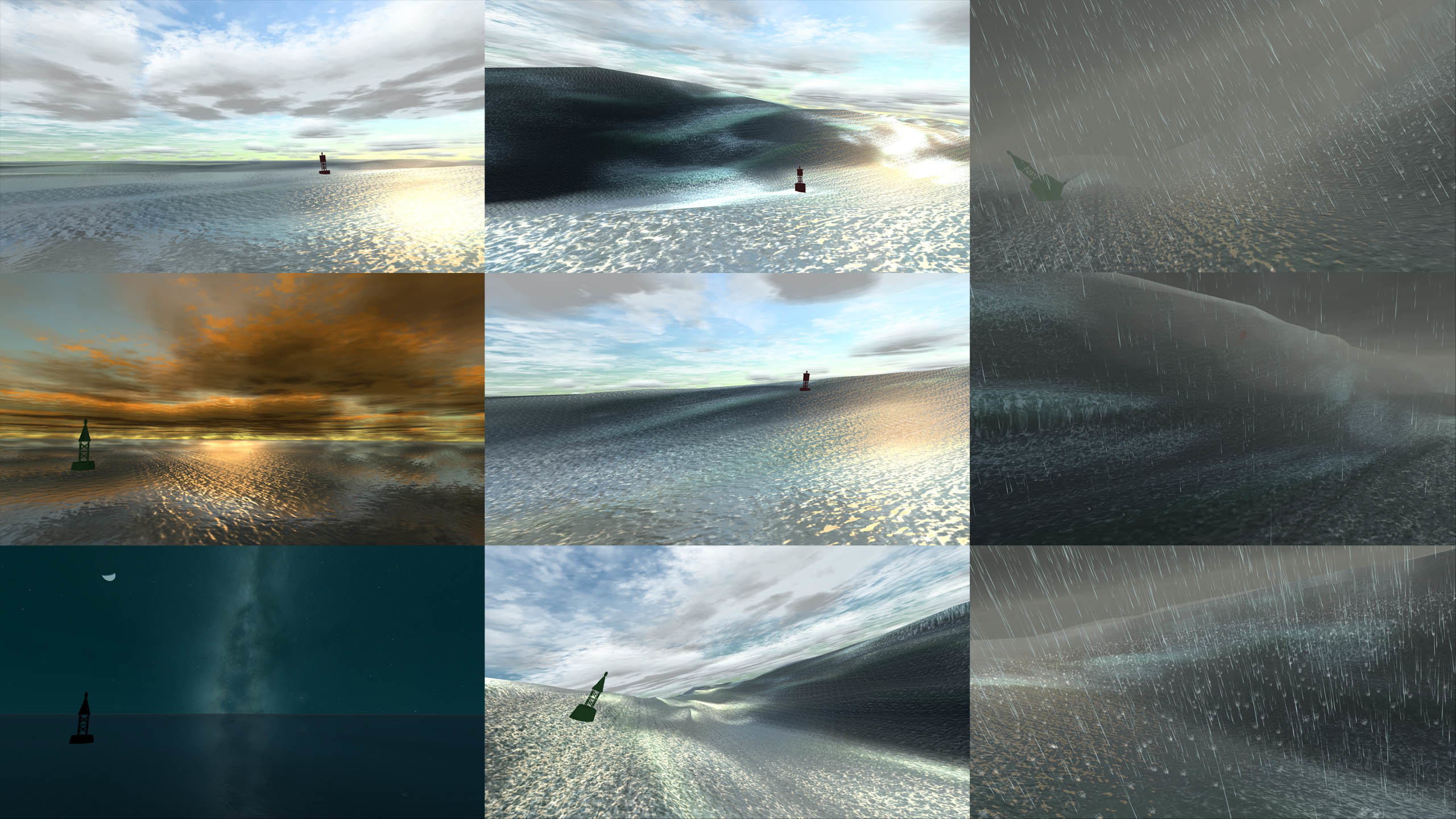 Sky and ocean simulation. Some examples of the combined sky and ocean for a new sailing simulator