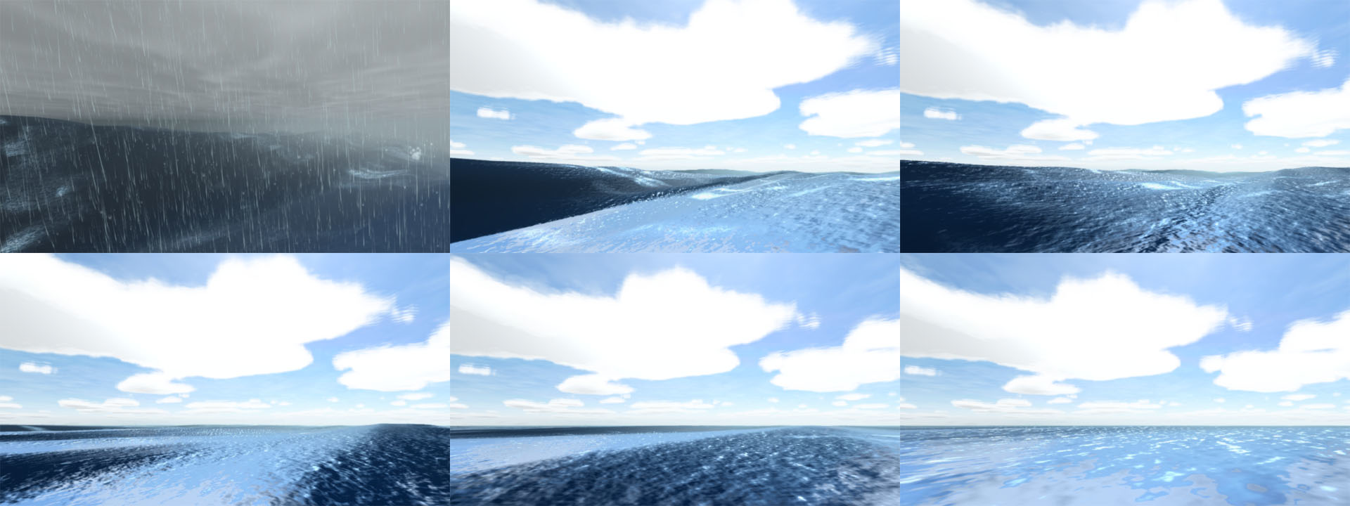 Ocean waves in the new shader, varying from sunny and peaceful to rough and frightening.