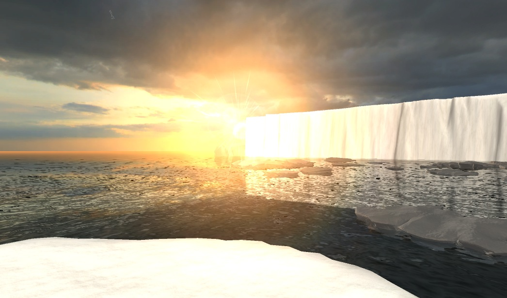 Millenium Platform, dawn in the arctic. Sun appears as the ice breaks off